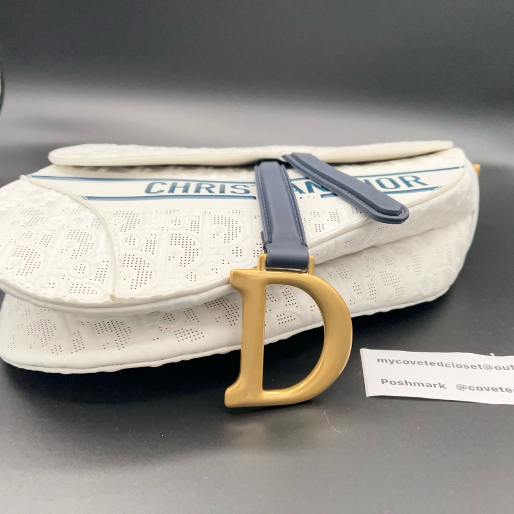 Dior Medium Saddle Bag White w/Navy and Gold Accents in Perforated Leather! ๐ค๐ - Picture 8 of 16